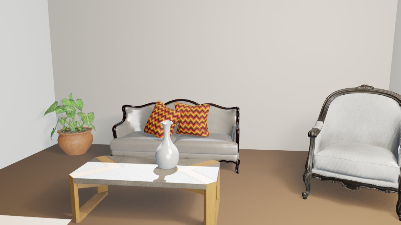 A 3D render of a living room with a sofa, armchair, coffee table and plant, built in Blender