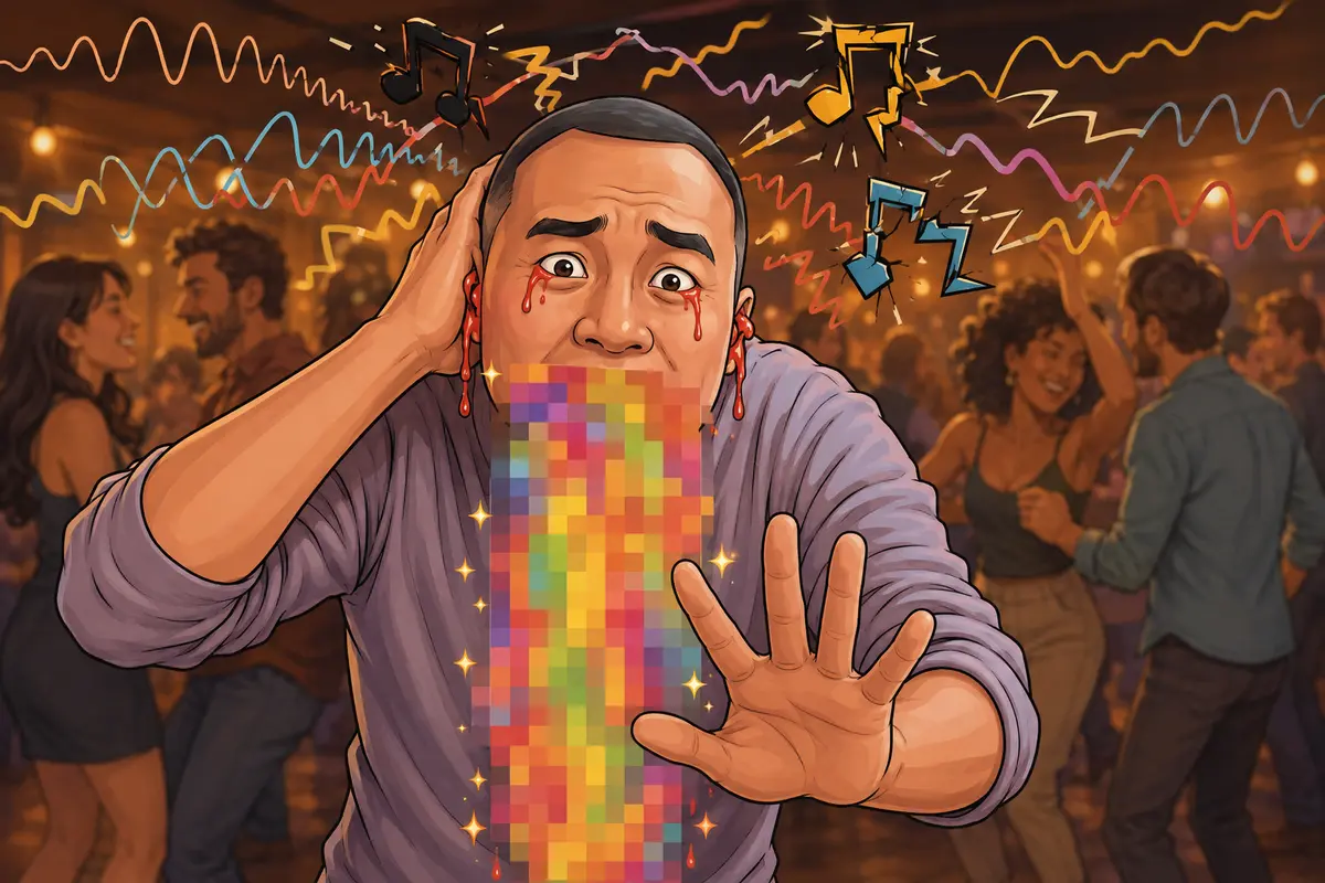 A cartoon of Hoi at the edge of a dance floor wearing a look of dread, with comic red drips running from both ears and from under both eyes, being sick behind a bright pixelated censor block surrounded by sparkles, while mismatched sound waves and bent musical notes collide above his head and the dancers behind him carry on completely unbothered.