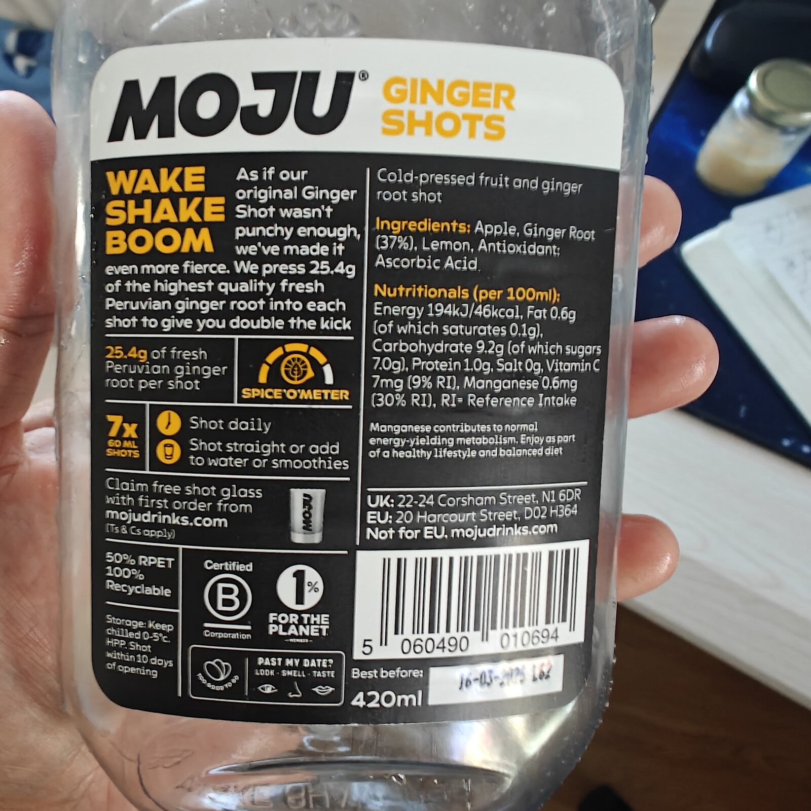 Moju Ginger Shots 420ml back label, ingredients and 37% ginger root QUID visible