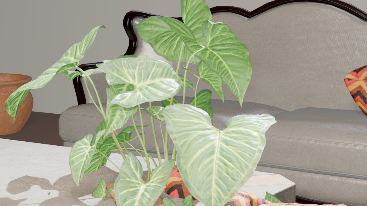 A close-up of the Blender version showing the plant, cushions and coffee table