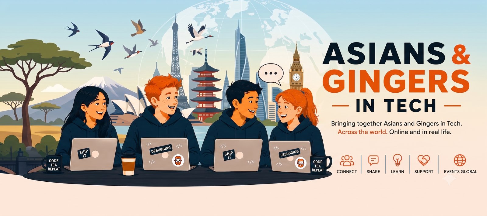 Asians and Gingers in Tech: four friends coding together with world landmarks behind them